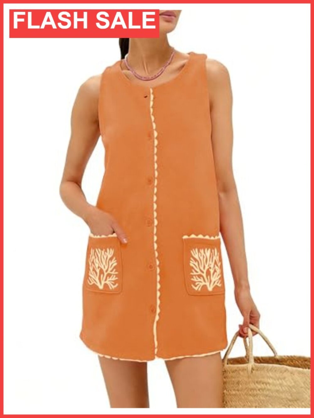 Sleeveless Scalloped Trim Shift Dress Terry Cloth Mini